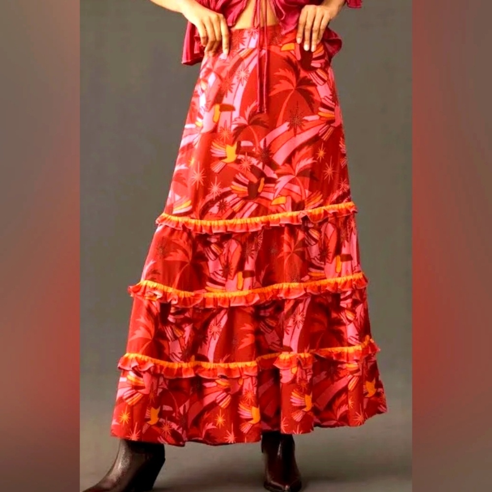 FARM RIO Shirred Tiered Ruffled Floral Pink/Orange Maxi Skirt